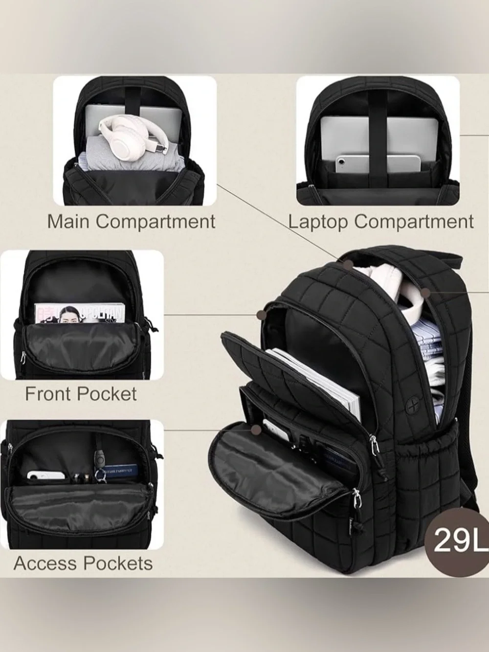 kadilong Laptop Book bag Backpack for College or Travel, Black Quilt, USB Ready